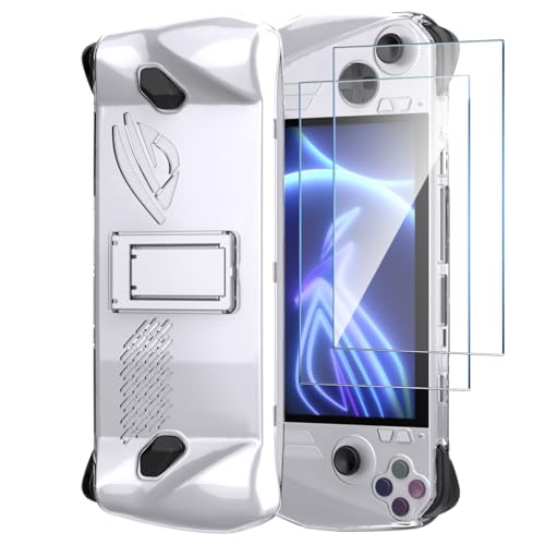 AOKUMA ASUS ROG Ally Hülle mit Ständer, mit 2 Panzerglas, ASUS ROG Ally Transparent Case [Rutschfest] [Anti-Fingerabdruck] [Schlagfest] [Antifouling] (Transparent)