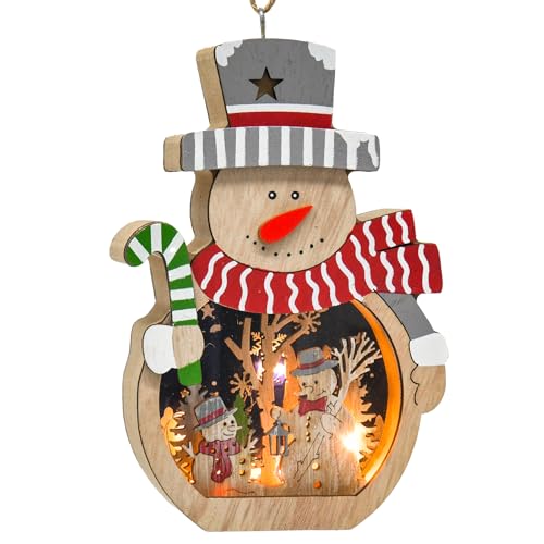Weihnachtsdekoration Schneemann aus Holz mit integriertem LED Licht, 17cm Handgemachte Schneemann Deko für Tisch, Fenster oder zum Aufhängen, Weihnachtsornamente, Party-Dekor und Geschenke