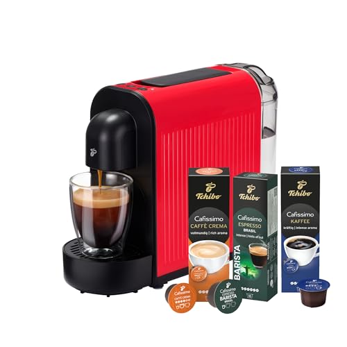Tchibo Cafissimo NOW Kaffeemaschine Kapselmaschine inkl. 30 Kapseln für Caffè Crema, Espresso und Kaffee | 0,67 l | 1250 Watt | 11,4 x 33,7 x 23,5 cm | Rot