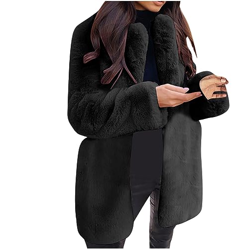 EMATOP Kunstpelz Mantel Damen Revers Wintermantel Teddy Fleece Kunstpelzjacke Winter Warm Pelzmantel Einfarbig Plüschjacke Lang Elegant Fellmantel Flauschig Kuschelig Winterjacke Felljacke