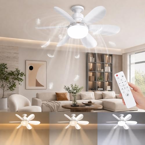 KwatTsz 52CM Deckenventilator mit Beleuchtung und Fernbedienung, 5 Flügeln, DC, Deckenleuchte mit Ventilator 3 Windstufen Leiser, Dimmbar, Timer für Wohnzimmer, Schlafzimmer und Esszimmer (Mit Basis)