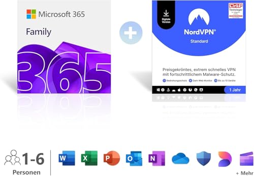 Microsoft 365 Family │ 1 Jahr │ bis zu 6 Personen │ Office Apps mit KI | bis zu 6 TB Cloudspeicher | verlängert für 129,99€ + NordVPN Standard | 1 Jahr | 10 Geräte | VPN & Cyberschutz | Digitalcode.