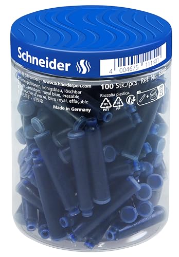 Schneider 6803 Tintenpatronen (Standard Patronen für Füller, löschbar) königsblau, 100 Stück