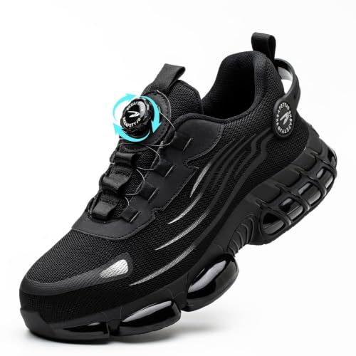 GemChve Arbeitsschuhe Sicherheitsschuhe Herren Damen Stahlkappen Anti-Smashing Leicht Sportlich Atmungsaktiv Selbsthemmend Schnellverschluss Mode Schutzschuhe Black 42 EU
