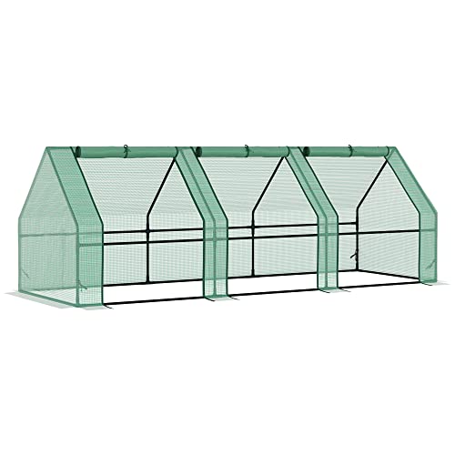 Outsunny Foliengewächshaus aus Stahl, winterfestes Gewächshaus mit Reißverschlussfenster, Treibhaus für Balkon und Garten 270 x 90 x 90 cm, Tomatenhaus für Tomaten, Gemüse und Blumen, Grün