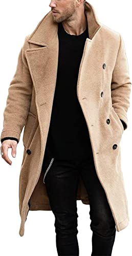 Runcati Herren Mantel Regular Fit Trenchcoat Langer Revers Zweireiher Wolle Business Winterjacke Peacoat, beige, L