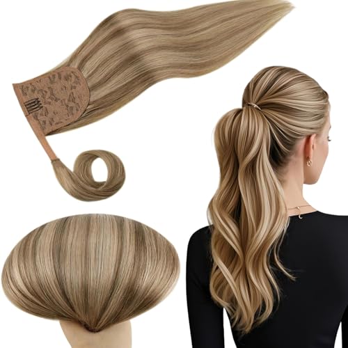 RUNATURE Ponytail Extension Echthaar Braun Highlight Blond 30cm Kurz Menschliches Haar 70g Echthaar Zopf Blond Mit Goldblond Pferdeschwanz Extensions Echthaar #10P16
