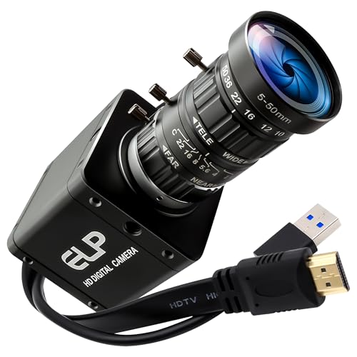 ELP 4K HDMI USB 3.0 Simultanausgangskamera, H.264 High Speed 60fps, Low-Light-Farb-Webcam mit Lichtempfindlichkeit, 5–50 mm 10-Fach Zoomobjektiv, Plug & Play für Windows, Linux und Android
