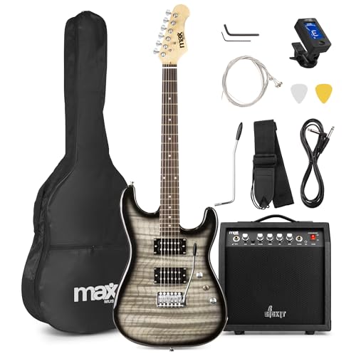 Max GigKit E Gitarre Quilted Style, E Gitarren Set mit Verstärker, Gitarrentasche, Plektrum, Stimmgerät Gitarre, Instrumentenkabel, Ersatzsaiten und Gitarrengurt, 22 Bünde - Schwarz