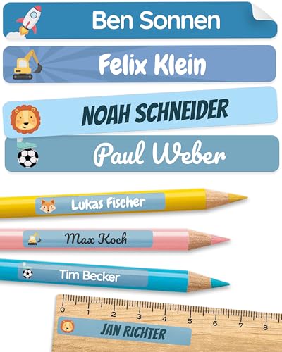 melu kids® Namensaufkleber Kinder für Schule & Kita (75 Stück) - Personalisierte Aufkleber mit Namen für Stifte und alle Schulsachen - Wasserfest in Spülmaschine (Himmelblau)