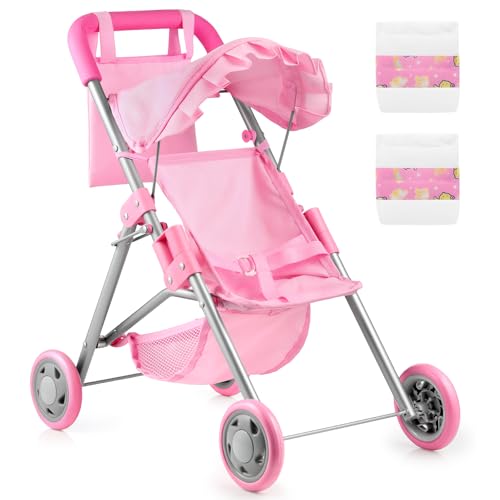 GAGAKU Puppenwagen für Babypuppen - Toy Doll Stroller - Faltbarer Spielzeug-Buggy für Mädchen & Kinder ab 3 Jahren mit Speicherkorb & Tasche, Windeln - Accessoires für Reborn Baby, Rosa