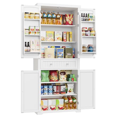 VASAGLE Küchenschrank, Hochschrank Küchenbuffet Vitrinenschrank, Buffetschrank mit Verstellbaren Ablagen, Esszimmerschrank mit Schubladen, für Wohnzimmer Küche, 40 x 76 x 182,1 cm, Weiß BBC561W21