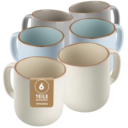vancasso Kaffeetassen Set 6er, RENO Kaffeeservice 480ml Große Steingut Kaffeebecher mit Henkel, Moderne Kaffeetasse Set für Tee, Saft, Latte, Cappuccino, Kakao, Spülmaschinen- & Mikrowellenfest, Bunt