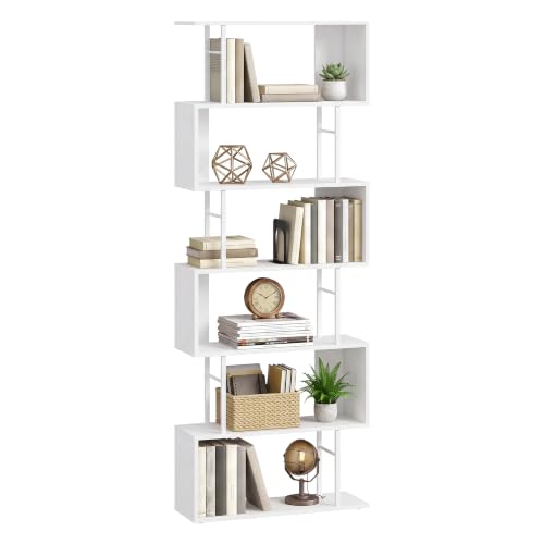 VASAGLE Bücherregal, Standregal mit 7 Ebenen, S-Form Raumteiler, Freistehendes Regal, 60 x 24 x 190,5 cm, für Wohnzimmer, Büro, Weiß, Barnet Kollektion LLS173WB01