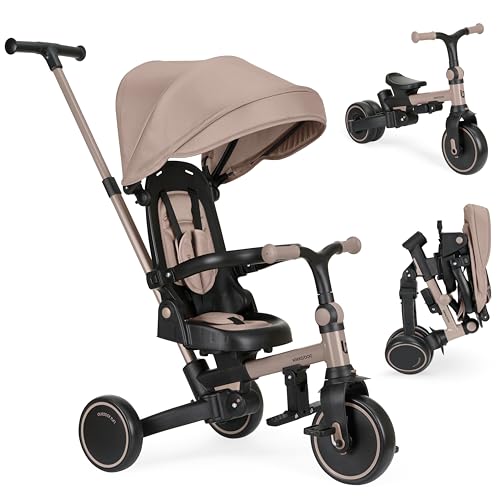 KikkaBoo Dreirad ab 1 Jahr mit Schubstange 8-in-1 ALUMA, Faltbares Kinderfahrzeug mit Drehbarem Sitz, 5-Punkt-Gurt, Aluminiumrahmen, Beige