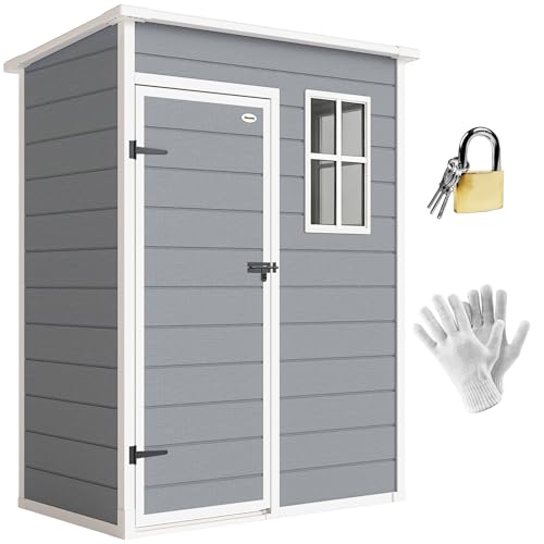 Outsunny Gerätehaus Kunststoff 1,14m² 151 x 92 x 193cm Geräteschuppen mit Pultdach Boden Fenster Abschließbarer Tür wetterfest Gartenhaus Outdoor Garten Schuppen für Hinterhof Grau