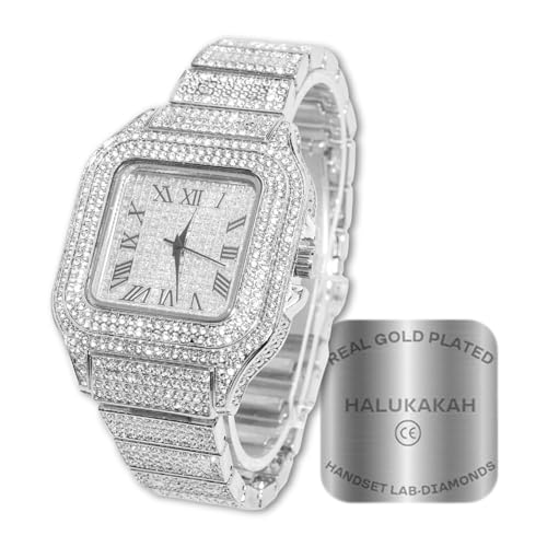 Halukakah Diamant Golduhr, Herren Platin Weiß Vergoldet 40MM Breite Quadrat Wählen Quarz Armband 24cm mit Geschenkbox