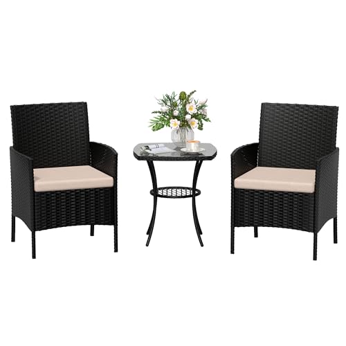 Amopatio Rattan Gartenmöbel Set, Balkonmöbel Set Kleiner 3 teilig, Outdoor Gartenlounge Wetterfest, Bistrotisch mit 2 stühlen, Terrassenmöbel für Terrasse, Balkon, Schwarz