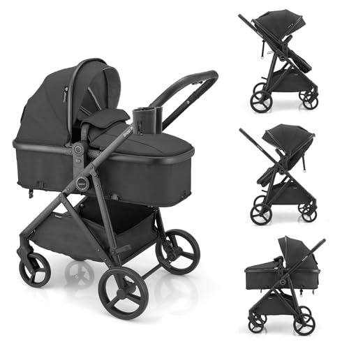 Gromast 3-in-1-Kinderwagen, wandelbarer Kinderwagen für Neugeborene, Säuglinge und Kleinkinder mit umkehrbarem Sitz, Sonnendach mit Lichtschutzfaktor 50+ und Getränkehalter – Schwarz