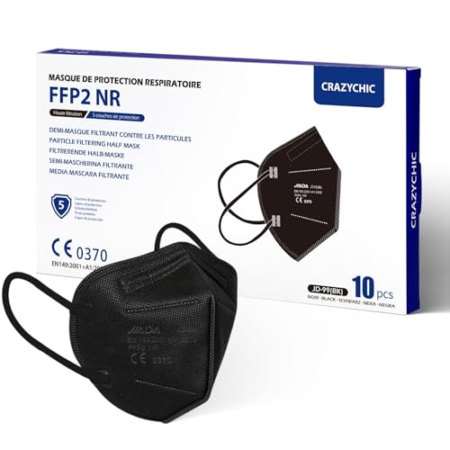 CRAZYCHIC - 10 Stück FFP2 Maske Schwarz Atemschutzmaske - CE EN 149 Schutzmaske 5 Lagen - Staubschutzmaske Mundschutzmaske - Hohe Filtration Maske Hygienisch Einzelverpackt