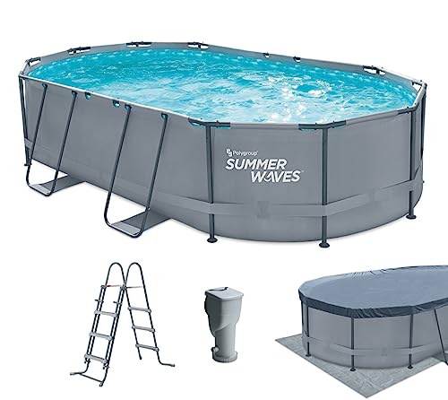 Summer Waves Frame Pool Komplettset | Oval 488x305x107 cm Grau | Aufstellpool Set | Gartenpool & Schwimmbecken inkl. Filterpumpe, Bodenvlies, Abdeckplane & Einstiegsleiter