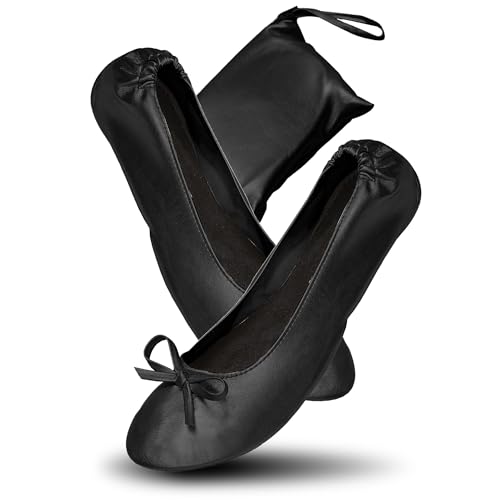 JJPRIME Damen Frauen Ballerina Rolle bis Faltbare Schuhe Damen Flache Komfort Schuhe hochklappen Pumps schwarz Faltbar mit Tragetasche Ballett After Party