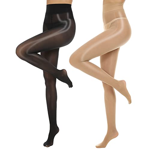 MANZI 2 Paar Glanzstrumpfhosen Damen Sexy Seidenglatt Feinstrumpfhose 15 Den transparent reißfest Schwarz und Natur,L-XL
