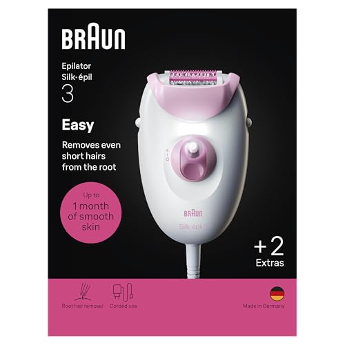 Braun Silk·épil 3, Schnur-Epilierer, einfache Haarentfernung, langanhaltende glatte Haut, inklusive Scherkopf und Trimmerkamm, 3-031, Rosa