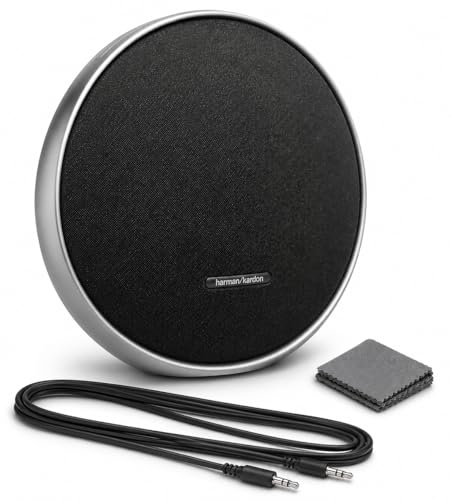 Harman Kardon Onyx Studio 9 Tragbares Bluetooth-Lautsprecher-Set, Selbstabstimmung, integrierter Akku, USB-Ladegerät, Aluminium-Griff + AUX-Kabel + Reinigungstuch, kabelloser Heim- und