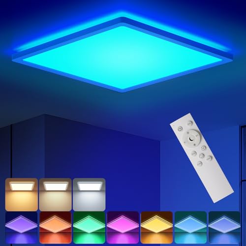BLNAN RGB LED Deckenleuchte Dimmbar mit Fernbedienung, 24W Deckenlampe Panel mit Farbwechsel,3000K-6500K 2400lm Modern Quadrat Lampe für Wohnzimmer Schlafzimmer Kinderzimmer, Weiß,30x2.5cm