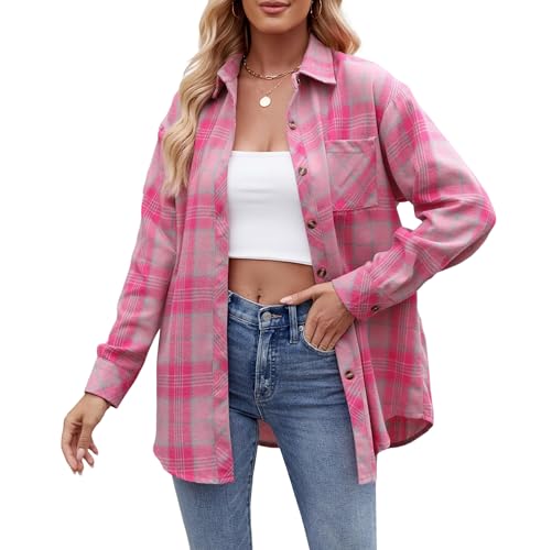 Timuspo Flanellhemd Damen Langarm Casual Rosa Karierte Bluse V-Ausschnitt Hemden Kariert Oberteile Baumwolle Hemdbluse S