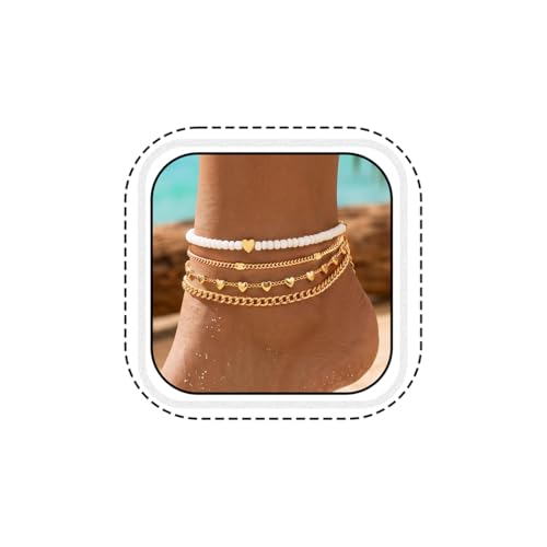 Vakkery Boho Fußkettchen Perlen Fußkettchen mehrlagig verstellbar für Strand und Sommer Fußketten für Damen (4 PCS)
