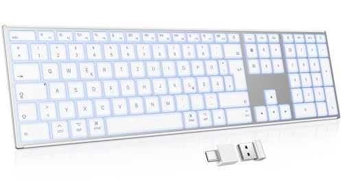 OMOTON Aluminium Kabellose Mac Tastatur, 2.4G & Dual-Bluetooth (BT1/BT2), Beleuchtete Tastatur für Apple MacBook Pro/Air, iMac, Mac mini, ultradünn, wiederaufladbare leise QWERTZ, Silber
