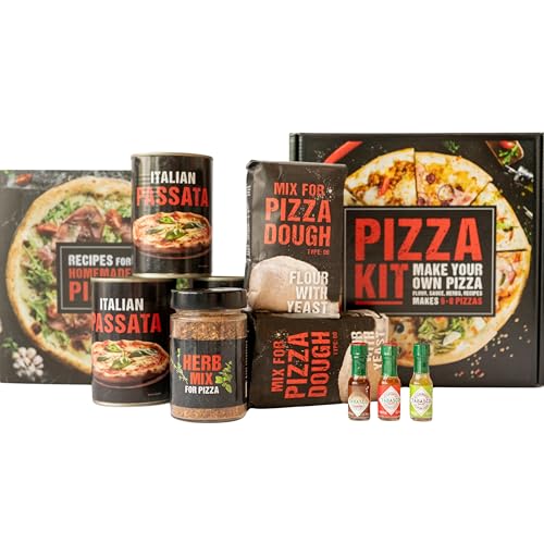 Set für Pizza – für 8 Pizzen, mit Pizzamehl, italienischer Passata, Pizzagewürzen und Pizzarezeptbuch + TABASCO® 3 Flaschen à 3,7 ml