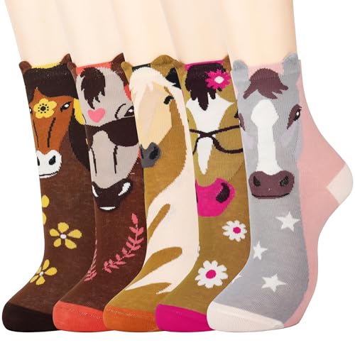 Jeasona 5 Paare Pferde Mädchen Geschenk Socken Damen 35-38 Tiermuster Baumwollsocken Bunte Socken Damen Lustige Weihnachten Geschenke für Frauen
