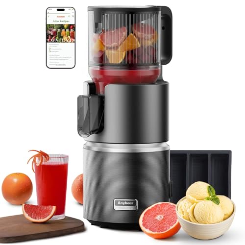Anybear Entsafter, 350W Slow Juicer für Saft, Nussmilch & Sorbet, mit Doppel-Press-Technologie, 124 mm Einfüllschacht für Ganze Früchte & Gemüse, BPA-freies Tritan(Dunkelgrau)