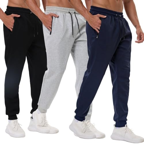 Bsrpolry 3er-Pack Herren-Trainings-Jogginghosen mit Reißverschlusstaschen, Trainings-Gym-Jogginghosen für Herren, Lauf-Jogginghosen, XL