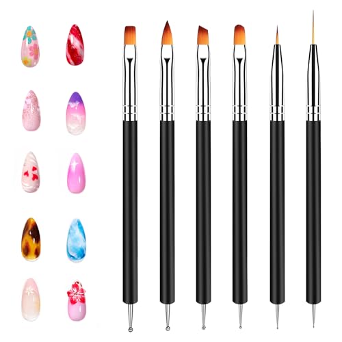 6 Profi Nagel Pinsel Doppel-Ende (12 Funktionen), Nail Art Pinsel Set, Für feine Linien, Blumen & 3D-Designs – Langlebig & Anti-Verformung – Gel & Acryl Nailart Werkzeug