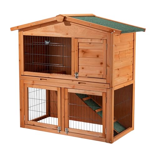 Wiltec 2 Etagen Nagerhaus 871 x 547 x 1000 mm, Hasenstall zweistöckig aus Fichtenholz, mit Bitumeneindeckung und Kotwanne, Kleintierhaus Freilauf Gehege