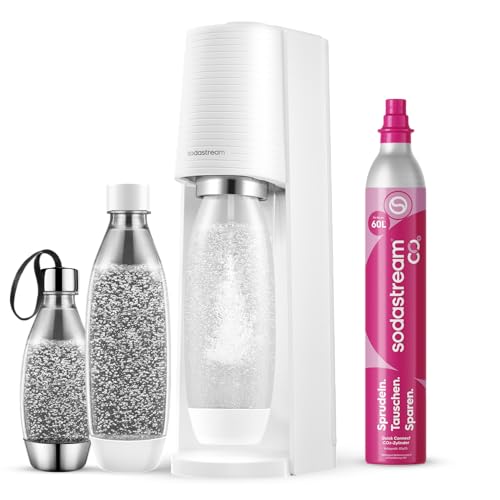Sodastream Wassersprudler Terra White Value Pack x 3 mit 2 x 1L Flaschen und 1 x 1/2L Flasche spülmaschinenfest und 1 x CO2 Quick Connect Zylinder für bis zu 60L