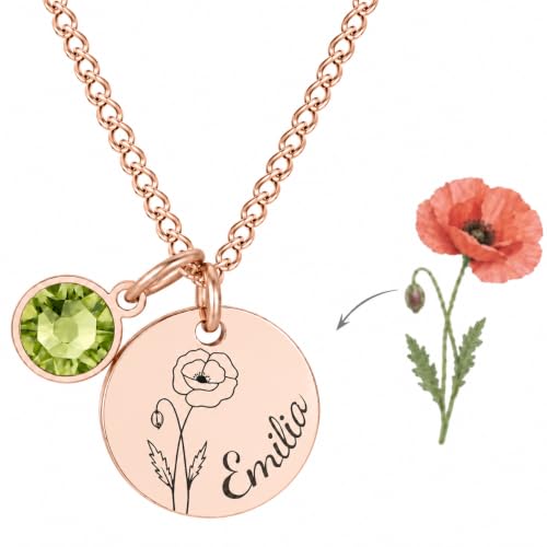 Personalisierte Geburtsblume Halskette Damen mit Geburtsstein & Gravur – Namenskette Damen Edelstahl Silber Rosegold– Kette mit Buchstaben Namen Anhänger – Geschenk Mutter Tochter Freundin