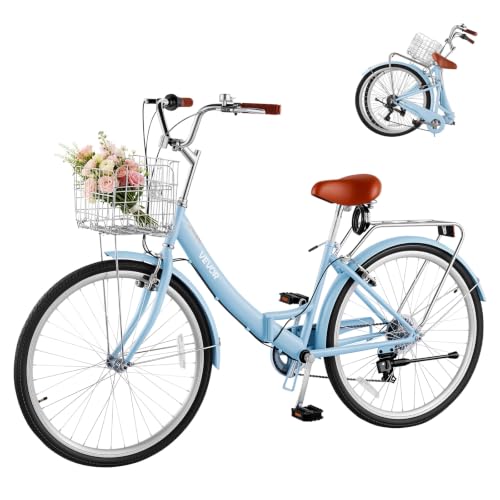 VEVOR Damenfahrrad 26 Zoll 7-Gang Cruiser-Fahrrad Citybike Hellblau Faltbar
