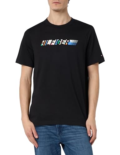 Tommy Hilfiger Herren T-Shirt Kurzarm Multicolour Hilfiger Tee Rundhalsausschnitt, Schwarz (Black), XL