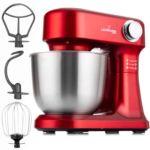 LEHMANN Küchenmaschine mit Zubehör-Set, 1500W, Rührmaschine mit 12 Geschwindigkeiten, 5L Rührschüssel, Überhitzungsschutz, Rutschfest, Knetmaschine mit 3 Rühreinsätze und Spritzschutz, Rot