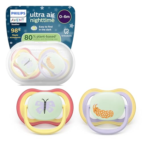 Philips Avent ultra air Nighttime Schnuller – kiefergerecht geformtes Design, für Babys von 0–6 Monaten, leuchtet im Dunkeln, weicher, symmetrischer Silikonsauger, BPA-frei, 2er-Pack, SCF376/25