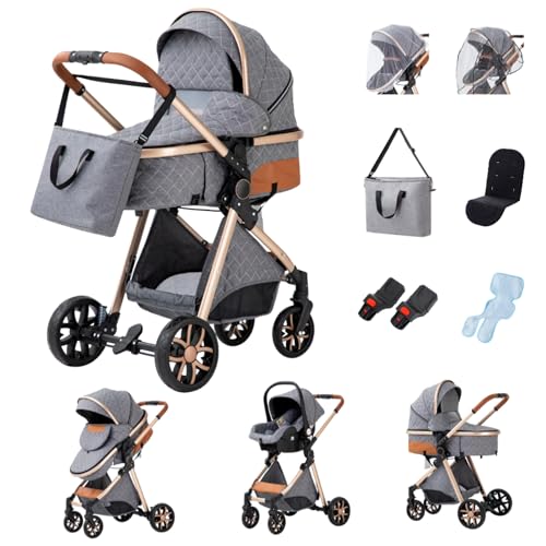 YAZOCO kinderwagen 3 in 1,Kombikinderwagen reisesysteme mit tragbar Wickeltasche Moskitonetz Regenschutz Fußsack, Zusammenklappen, Liegeposition Hohe Landschaft (4 grau)