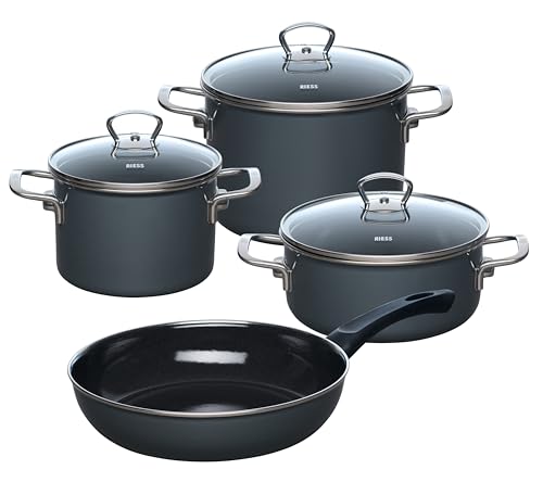 Riess, 0519-003, Starterset, 4-teilg, DARK GREY, Emaille, Kochtopfset, Pannenset, LBH 28.5x48.5x24cm, Gewicht 7,57kg, Induktion, 3 T�pfe, 1 Bratpfanne