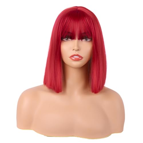 MapofBeauty 12 Zoll/30 cm Gerade Bob Mit Flat Pony Kurze Bunt Synthetische Haarfasern Cosplay Partys Perücke (Hell Rot)