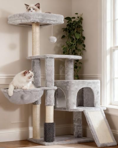 Heybly Kratzbaum mit Katzenbürste, Katzenbaum für Hauskatzen mit Gepolsterter Sitzstange aus Plüsch, Katzenkratzbaum mit Korb, Kratzbrett und Kratzbaum, Hellgrau HCT005SW