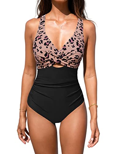 CUPSHE Damen Badeanzug Bauchweg Raffungen Crossover V Ausschnitt Zierausschnitten Tierdruck Einteilige Bademode Swimsuit Schwarz/Leopard L